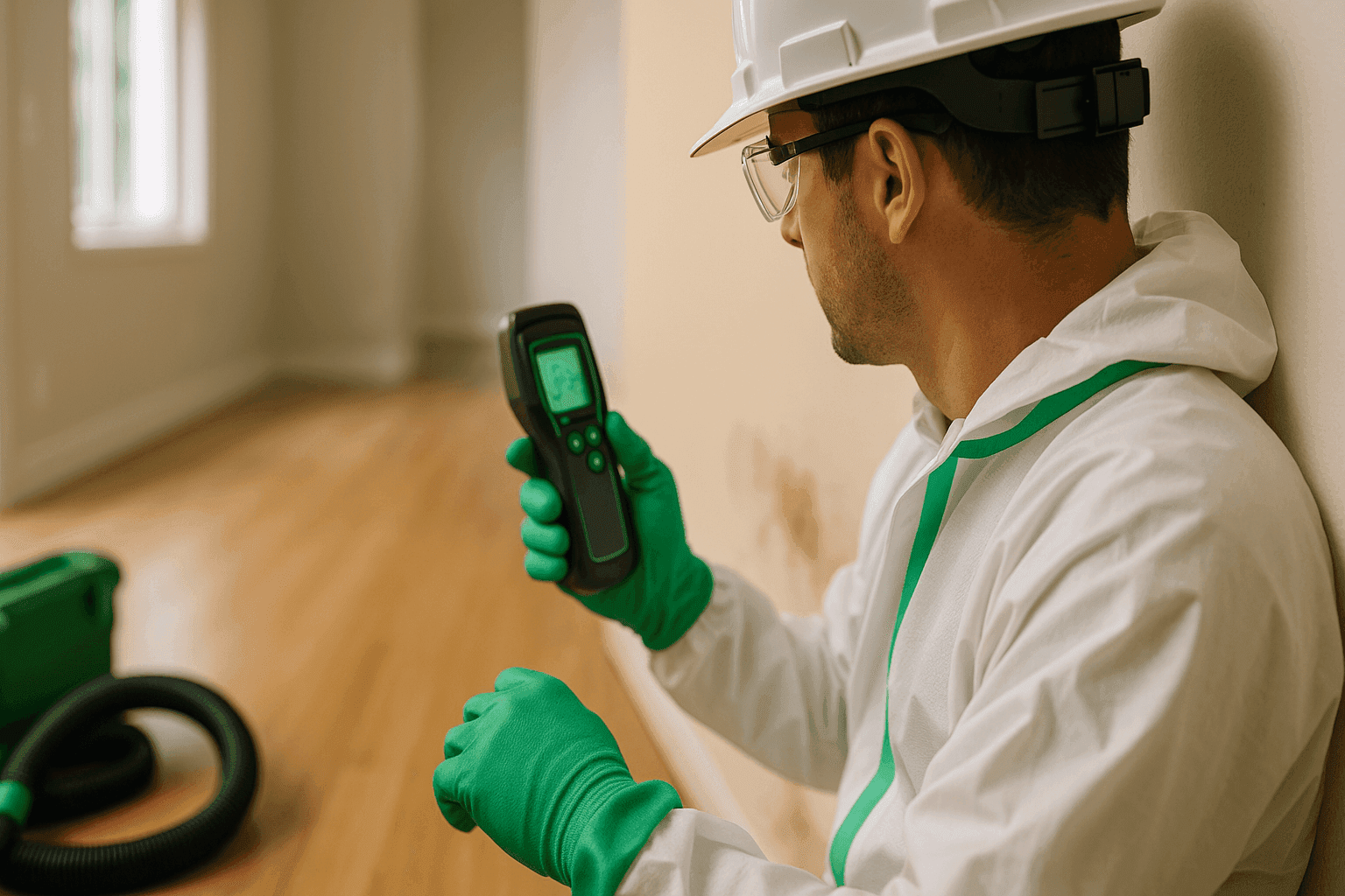 Professional water damage technician in PPE inspecting a clean interior with moisture detection tool